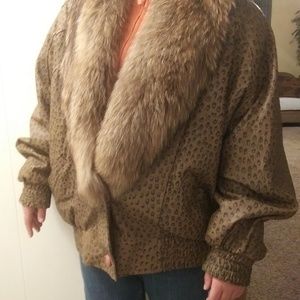 Lamb leather jacket with large raccoon collar